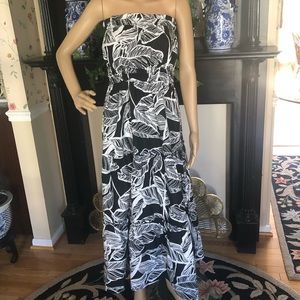 Tropical Palm Print Strapless Floor-Length Gown